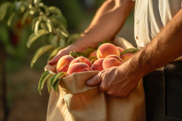 Man holding picking bag full of peaches. Close up shot of unrecognizable person