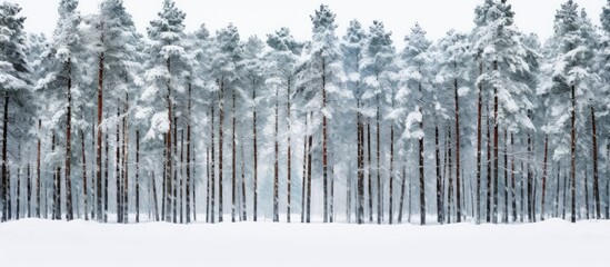 Pine trees in a snow covered forest on a cloudy winter day