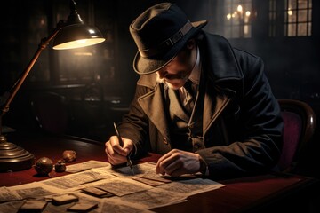 Suspicion of a detective studying a clue.
