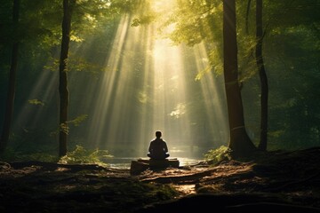 Tranquil meditation in a sunlit forest.