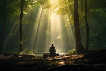 Fotobehang Tranquil meditation in a sunlit forest. © furyon