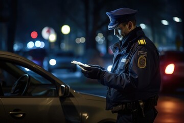 Traffic cop checking a driver's license during a checkpoint.