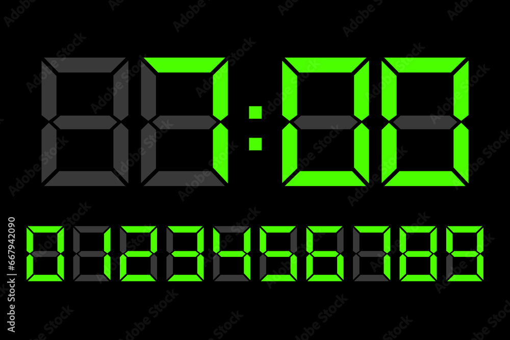 Poster light green digital led numbers. digital clock number set. vector illustration. eps 10.