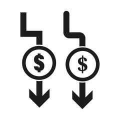 Obraz premium Cost reduction icon. Dollar decrease icon. Money symbol with arrow. Dollar down icon. Vector illustration. EPS 10.