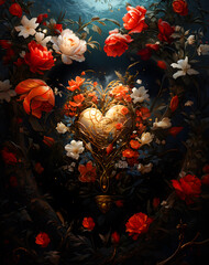 Beautiful and mysterious golden sacred heart adorned with flowers and set off with dramatic light - obrazy, fototapety, plakaty