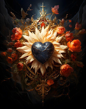 Beautiful and mysterious golden sacred heart adorned with flowers and set off with dramatic light