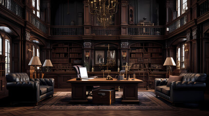 A sophisticated office reminiscent of a classic library with dark wood - obrazy, fototapety, plakaty