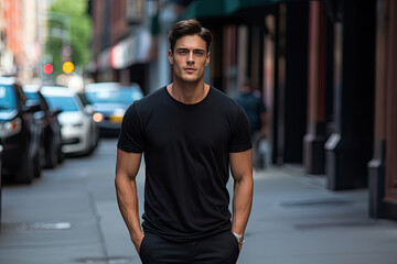 Male Model Sporting Classic Black Cotton Tee in Urban Cityscape Setting