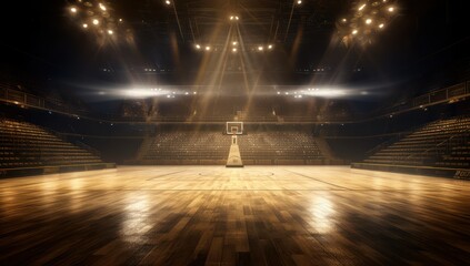 Empty sports hall on night. a basketball court with a net in the middle, Healthy active lifestyle and sports concept.