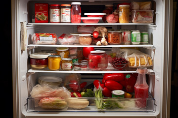 Image of the inside of a refrigerator with a sense of life. It stores uneaten vegetables, bottled...