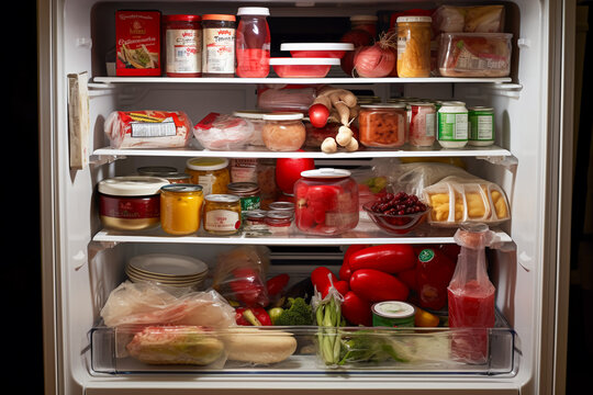 Image of the inside of a refrigerator with a sense of life. It stores uneaten vegetables, bottled food, seasonings, etc. Concept of rotting groceries, refrigerator in use.