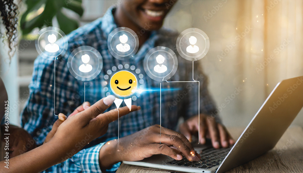 Poster touching the virtual screen on the happy smiley face icon to give satisfaction in service. rating ve