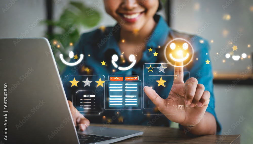 Poster touching the virtual screen on the happy smiley face icon to give satisfaction in service. rating ve