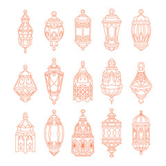 Islamic Lantern Line Set Illustration with ornament pattern, Ethnic Arabic traditional Hanging lamp art background wedding decoration. Outline Style