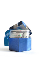 Blue gift box with american dollars inside for cash gift, monetary gift or donation, filled with...