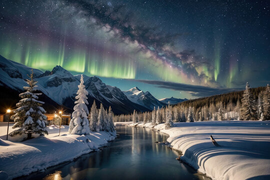 Outdoor photo of snow and aurora
