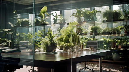 glass and indoor plants office room