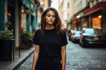 Female Model Wearing Classic Black Cotton T-Shirt on Urban City Street Background