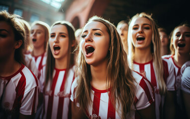 A choir of football fans girls singing their team's anthem - obrazy, fototapety, plakaty