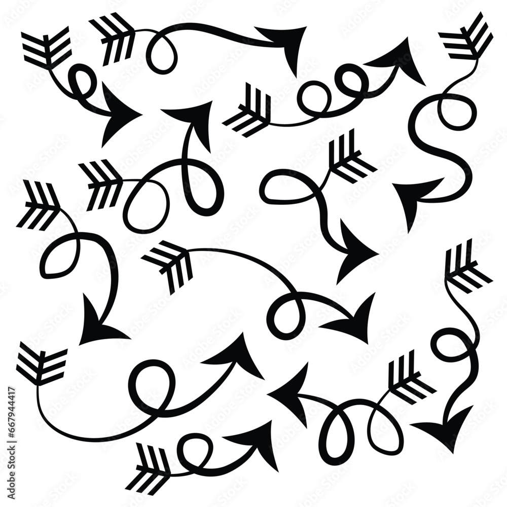 Poster hand drawn set of arrow elements in doodle style. vector arrows set.