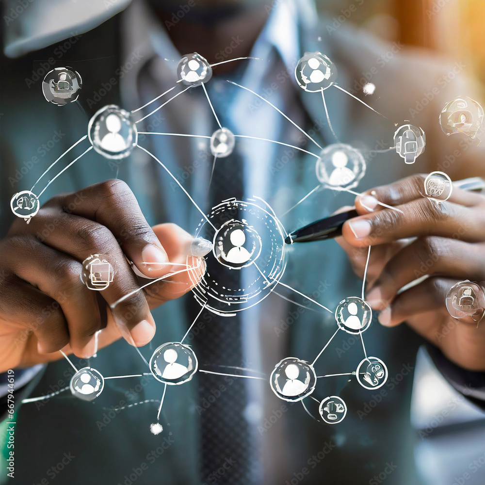 Poster businessman drawing global structure networking and data exchanges customer connection, customer rel