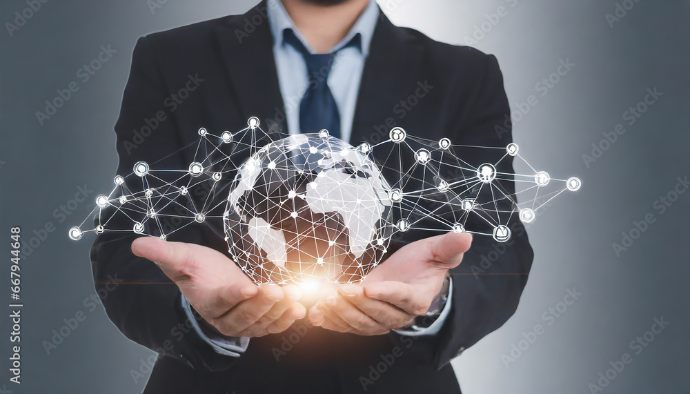 Poster businessman holding global structure networking and data exchanges customer connection, customer rel
