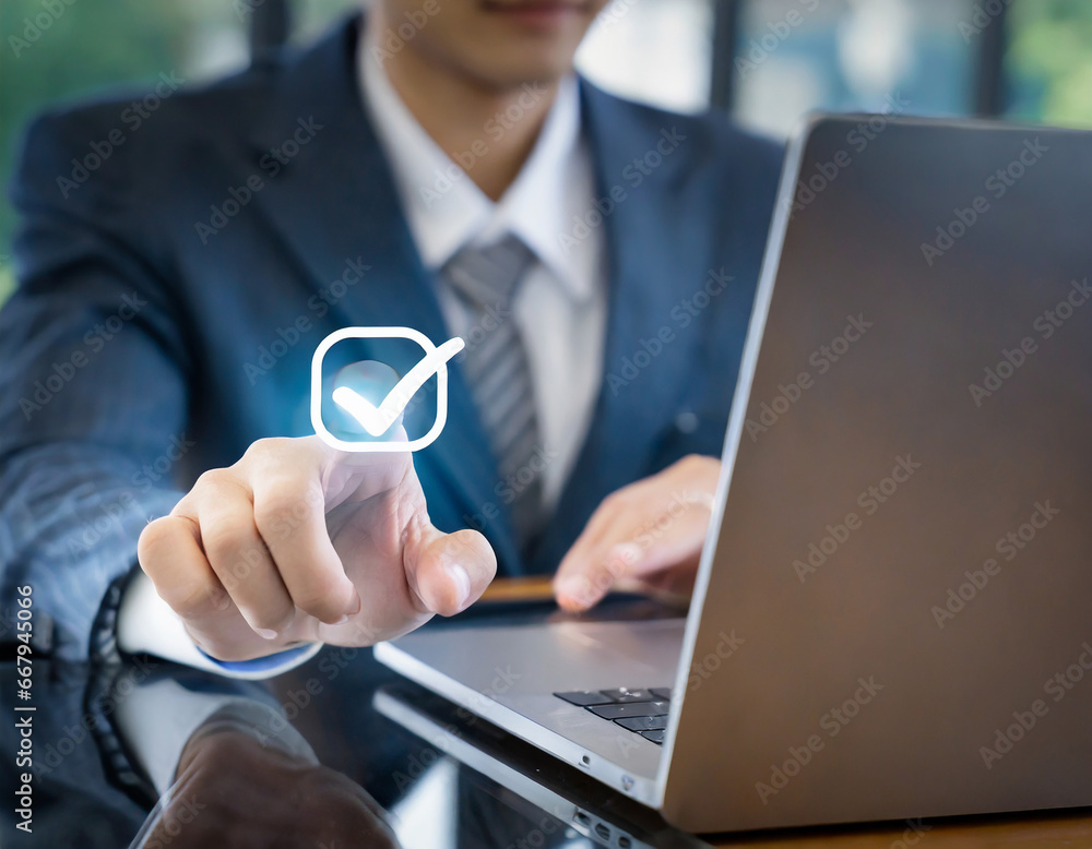 Poster businessman use a laptop computer to tick correct sign mark in checkbox. concept of compliance to re