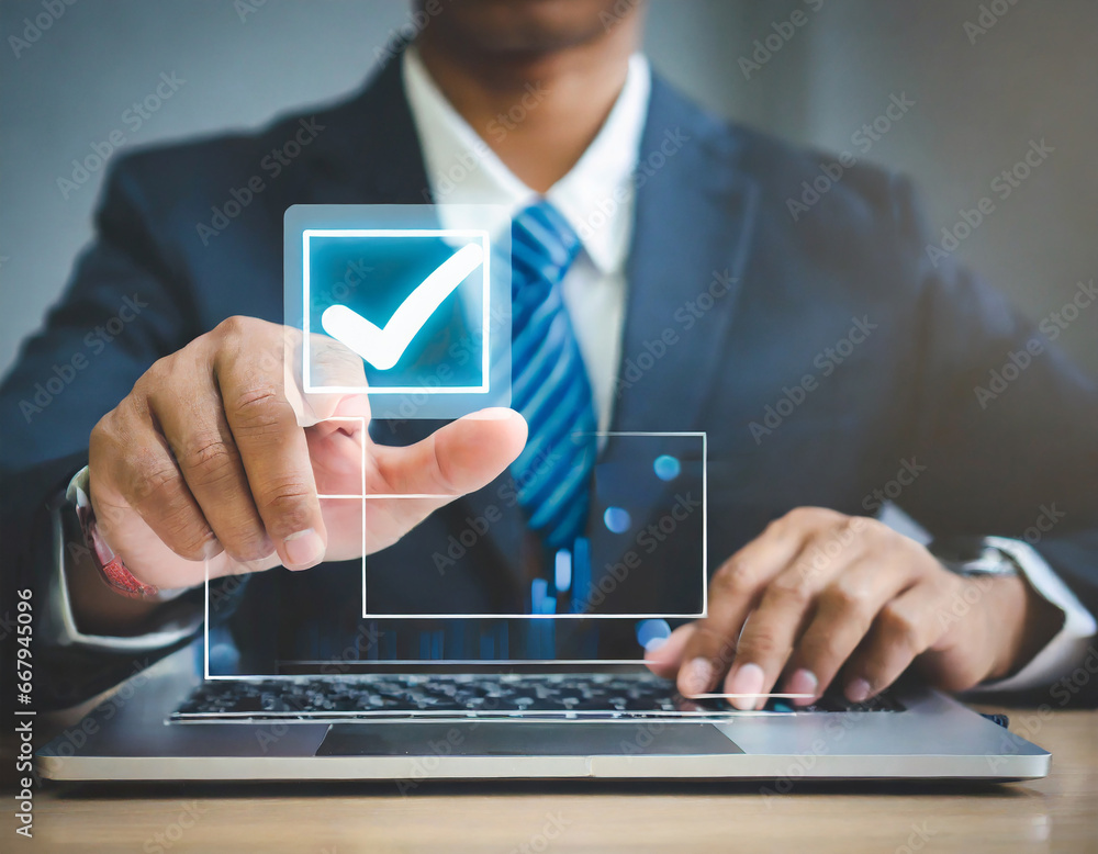Aufkleber businessman use a laptop computer to tick correct sign mark in checkbox. concept of compliance to re