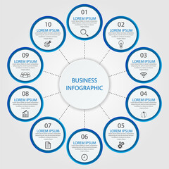 Business Infographic Template Design. Time line minimal concept with 10 options steps and marketing icons. Vector linear infographic with ten connected elements. Can be used for your business gifts