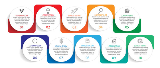 Business Infographic Template Design. Time line minimal concept with 10 options steps and marketing icons. Vector linear infographic with ten connected elements. Can be used for your business gifts