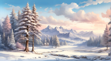 snow covered trees with mountains