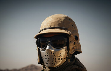 Close up portrait of a soldier is wearing metal mask and sun glasses in the desert.