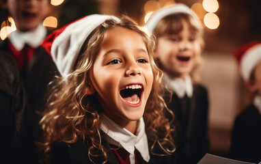 A children's choir with joy and emotion singing carols