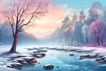 winter landscape with river and snow covered trees