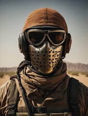 Soldier is wearing metal mask, sun glasses and hat in the desert.