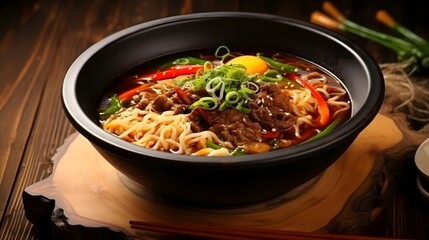 Korean beef ramen spicy noodle soup with chopsticks on a wooden background - obrazy, fototapety, plakaty