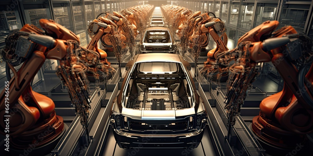 Aufkleber high-tech robot effortlessly assembling a car in a futuristic factory setting. generative ai