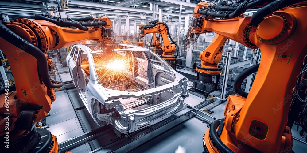 Poster high-tech robot effortlessly assembling a car in a futuristic factory setting. generative ai