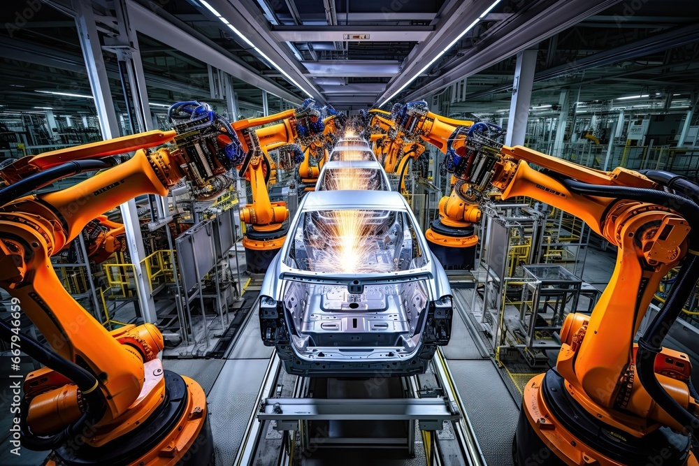 Fototapete high-tech robot effortlessly assembling a car in a futuristic factory setting. generative ai