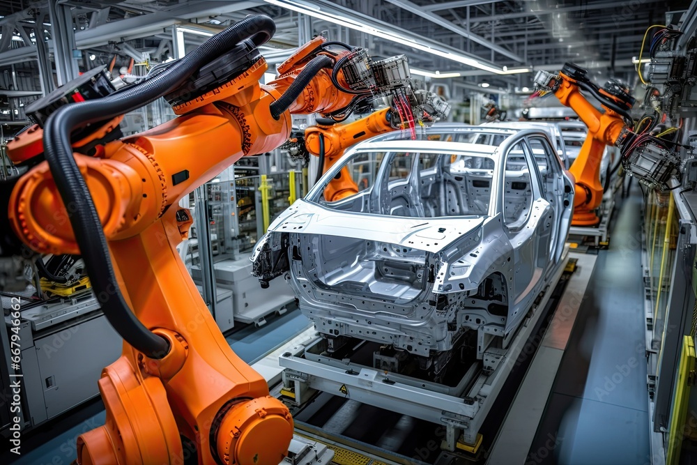 Aufkleber high-tech robot effortlessly assembling a car in a futuristic factory setting. generative ai