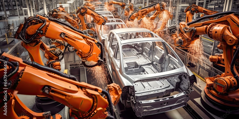 Aufkleber high-tech robot effortlessly assembling a car in a futuristic factory setting. generative ai