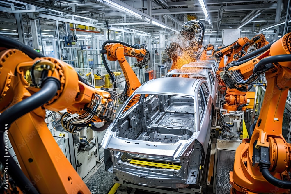 Aufkleber high-tech robot effortlessly assembling a car in a futuristic factory setting. generative ai
