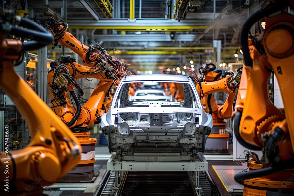 Aufkleber high-tech robot effortlessly assembling a car in a futuristic factory setting. generative ai