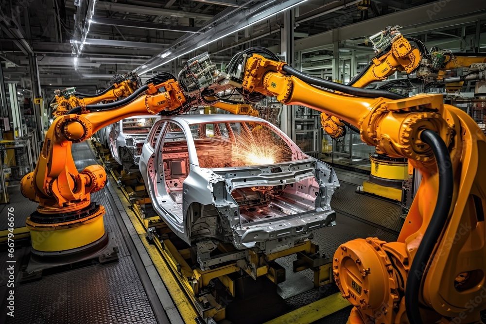 Poster high-tech robot effortlessly assembling a car in a futuristic factory setting. generative ai