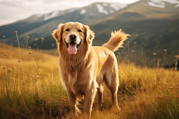 Golden retriever dog happiness and smile. Adorable pet.Generative ai - obrazy, fototapety, plakaty