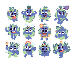 World Earth Day with Cute Globe Earth Cartoon Character Avatar Collection with Various Gesture. Object Element Vector Flat Illustration Concept