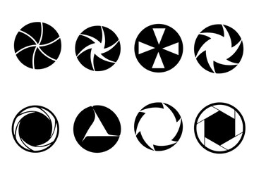 Camera shutter icons set. Camera lens diaphragm. camera shutter and camera lens icon collection. Black white style. lens aperture. Optical photography photography lens icons. vector illustration