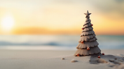 concept - christmas tree made of sand on the beach - obrazy, fototapety, plakaty