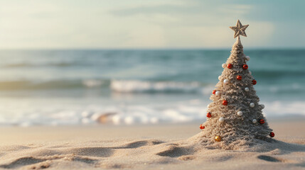 concept - christmas tree made of sand on the beach - obrazy, fototapety, plakaty