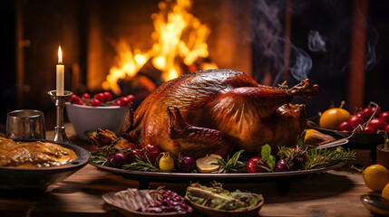 turkey on the table of a family celebrating a Thanksgiving - Christmas or New Year's Day dinner concept